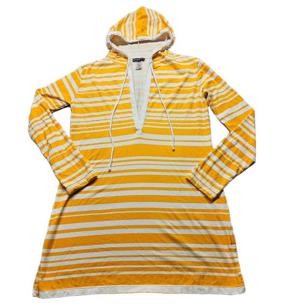 Tommy Bahama Tunic Dress Women Small P Yellow White Stripe Stretch Deep-V Hooded